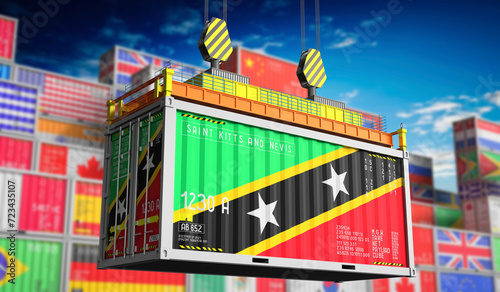 Freight shipping container with national flag of Saint Kitts and Nevis - 3D illustration