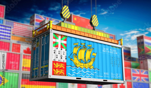 Freight shipping container with national flag of Saint Pierre and Miquelon - 3D illustration