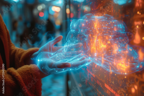 An augmented reality (AR) photo showing a person interacting with seemingly floating, holographic objects. Concept of AR bringing fantasies to life. Generative Ai.
