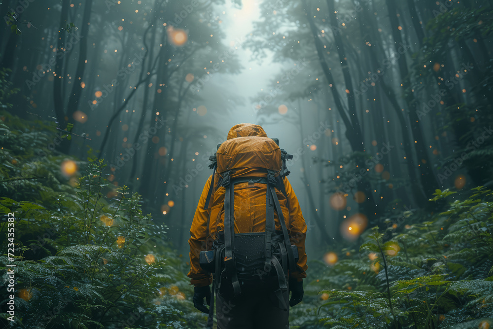 Fototapeta premium An AR-enhanced photo where a user is surrounded by a virtual forest, blending technology with nature. Concept of immersive nature experiences through AR. Generative Ai.