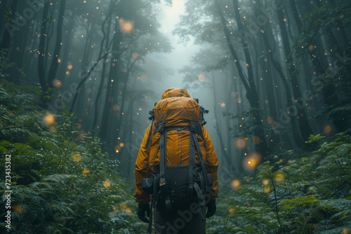 An AR-enhanced photo where a user is surrounded by a virtual forest, blending technology with nature. Concept of immersive nature experiences through AR. Generative Ai.