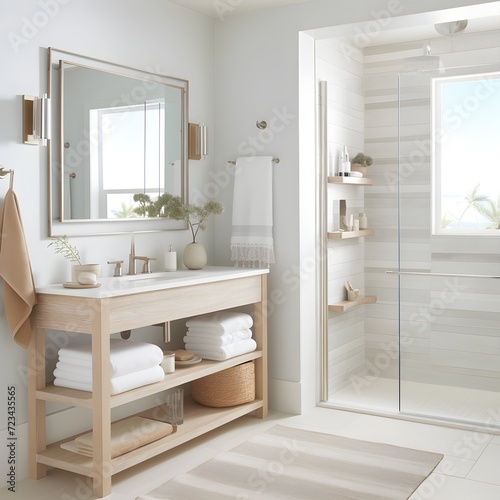 A bathroom with coastal influences and a minimalist approach. Picture a clean and simple design with light colors