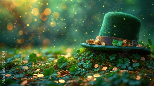 St. Patrick's Day leprechaun hat, gold coins and shamrocks on green background photo