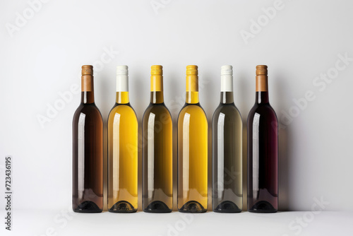 Many bottles of wine without labels on the white background, mock up, space for text or design
