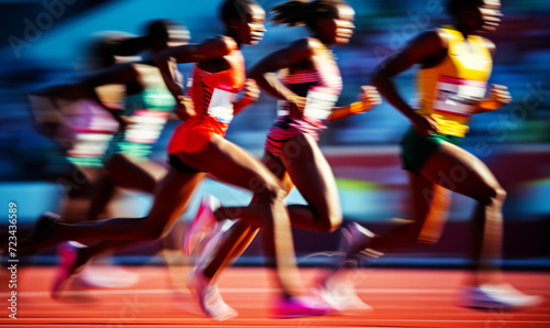 Professional runners taking part in a race in a stadium. Fast motion blur © ink drop