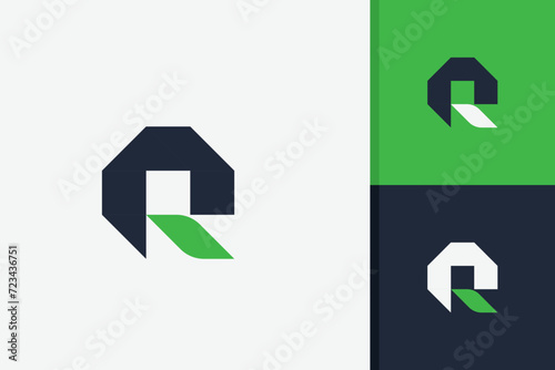 letter q or r with green leaf logo design vector template