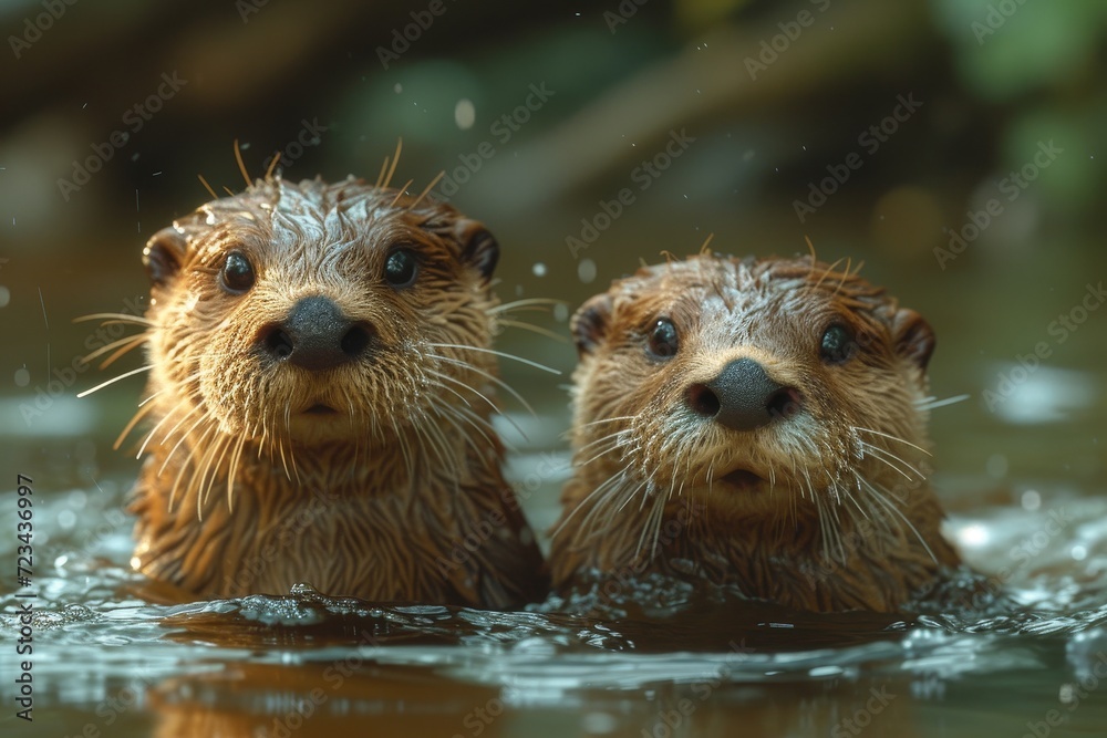 Graceful mustelids glide through the sparkling water, their sleek snouts breaking the surface as two otters playfully explore their aquatic world Graceful mustelids glide through the sparkling water, their sleek snouts breaking the surface as two otters playfully explore their aquatic world