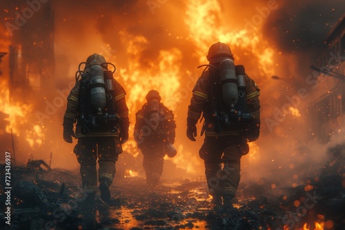 A brave group of firefighters marches towards the raging inferno, determined to quell the violence of the roaring flames and the thick clouds of smoke, risking their lives to protect the environment  © Larisa AI