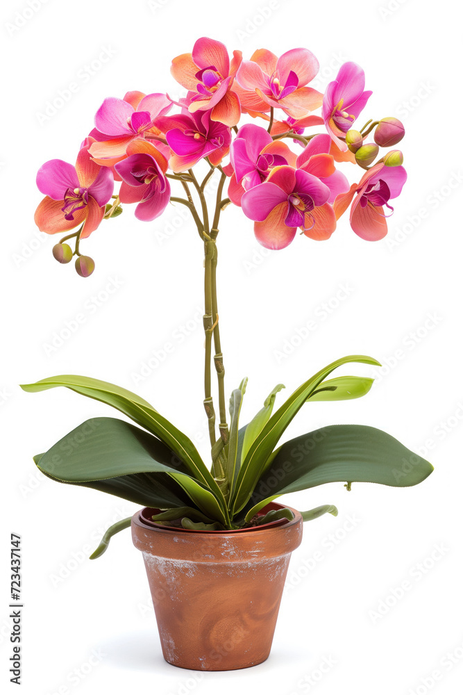 A stunning orchid plant showcasing vibrant pink and orange blossoms, potted in a classic terracotta pot, isolated on a white background. A stunning orchid plant showcasing vibrant pink and orange blossoms, potted in a classic terracotta pot, isolated on a white background.
