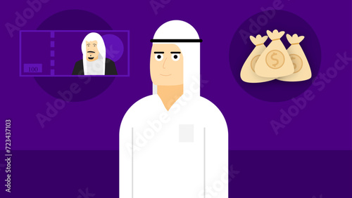 illustration of a arabic rich character with money bills and money bags