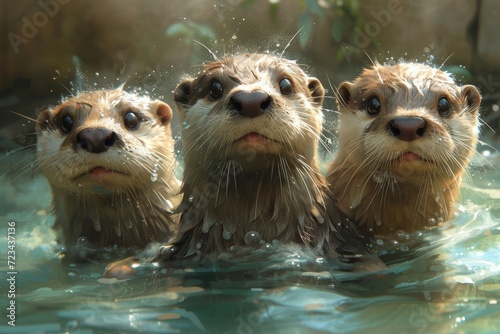 A playful group of mustelids with sleek snouts and waterproof fur gracefully swim through the sparkling water, embodying the untamed beauty of nature's aquatic realm photo