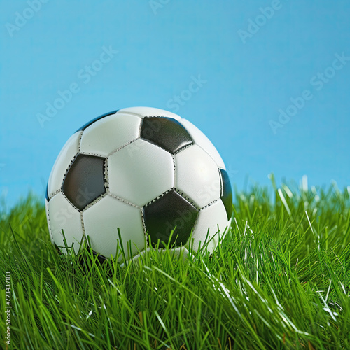 A classic black and white soccer ball rests on lush, green grass against a bright blue sky, capturing the essence of a sunny game day © Sviatlana