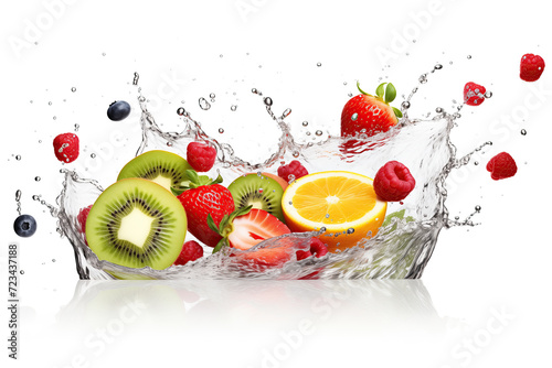 A dynamic image capturing various fresh fruits including strawberries  kiwi slices  an orange slice  and blueberries amidst a lively splash of water  isolated on a white background.