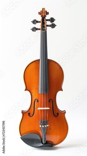 A beautifully crafted classical violin, showcasing its rich wooden texture and graceful curves, isolated on a white background