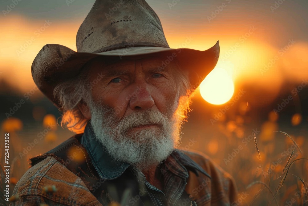 A rugged cowboy in a stylish fedora stands tall against the sunset, his human face framed by a dusty beard and iconic cowboy hat, embodying the essence of the wild west - obrazy, fototapety, plakaty 