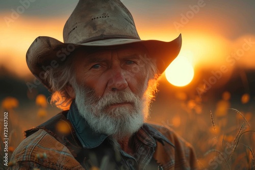 A rugged cowboy in a stylish fedora stands tall against the sunset, his human face framed by a dusty beard and iconic cowboy hat, embodying the essence of the wild west photo