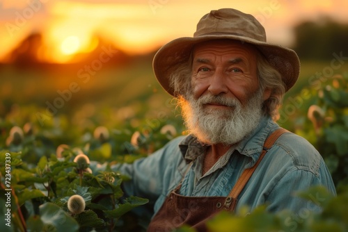 A rugged man in a stylish sun hat stands confidently in a vast field of crops, his face adorned with a rugged beard as he takes in the beauty of the outdoors