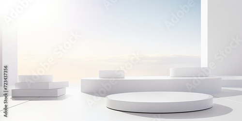 White geometric interior with minimalist abstract design - sunlight shines on white square podiums for presentation and product display.