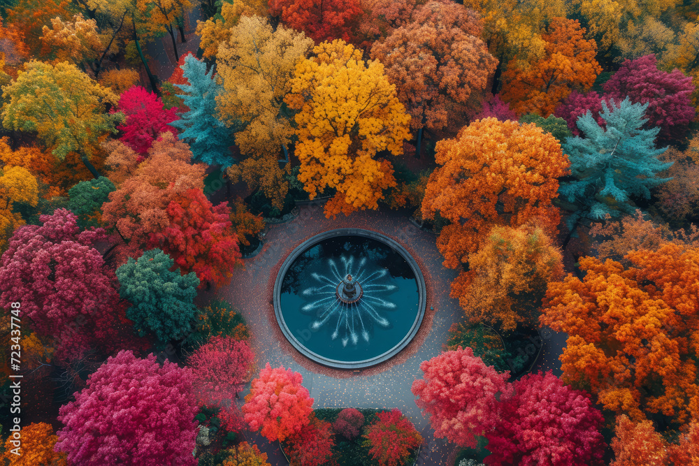 A drone photograph of a city park in autumn, with trees forming a tapestry of fall colors. Concept of urban green spaces and their seasonal transformations. Generative Ai. A drone photograph of a city park in autumn, with trees forming a tapestry of fall colors. Concept of urban green spaces and their seasonal transformations. Generative Ai.