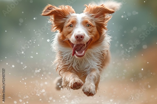 A majestic brown dog, belonging to a specific breed, gleefully dashes through the snowy winter air, embodying the playful spirit of a beloved outdoor pet © Larisa AI