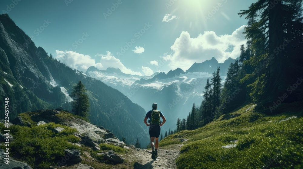 A runner or athlete stands against a mountainous backdrop, showcasing the challenging terrain and emphasizing the thrill of running in nature.