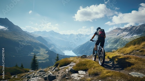 A cyclist stands against a mountain landscape, showcasing the challenging terrain and emphasizing the thrill of mountain biking in nature.