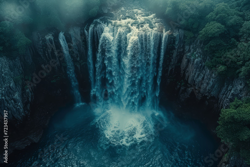 A drone shot over a cascading waterfall, with the water’s force creating a misty veil. Concept of nature’s power and beauty captured from the sky. Generative Ai.