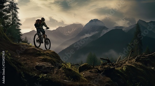 A cyclist stands against a mountain landscape, showcasing the challenging terrain and emphasizing the thrill of mountain biking in nature.
