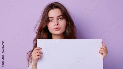 Beautiful girl holding a white mockup poster. Purple pastel backdrop.