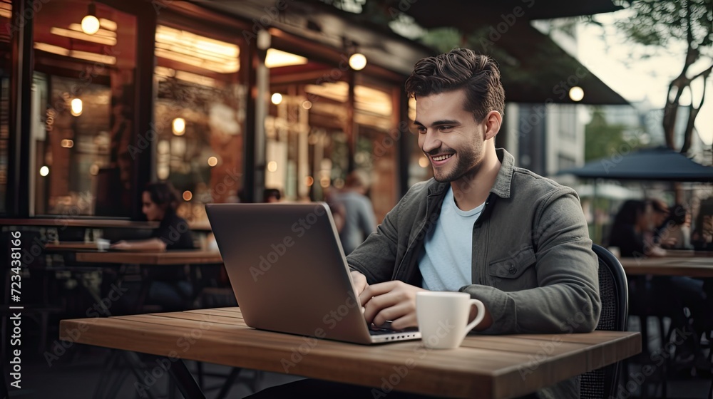 young man smiling, looking away and working at a laptop young man smiling, looking away and working at a laptop