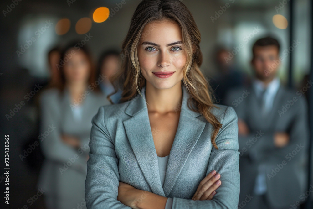 Naklejka premium Portrait of a professional business woman exuding confidence, leadership skills on display, essential for corporate success, teamwork concept in the background..