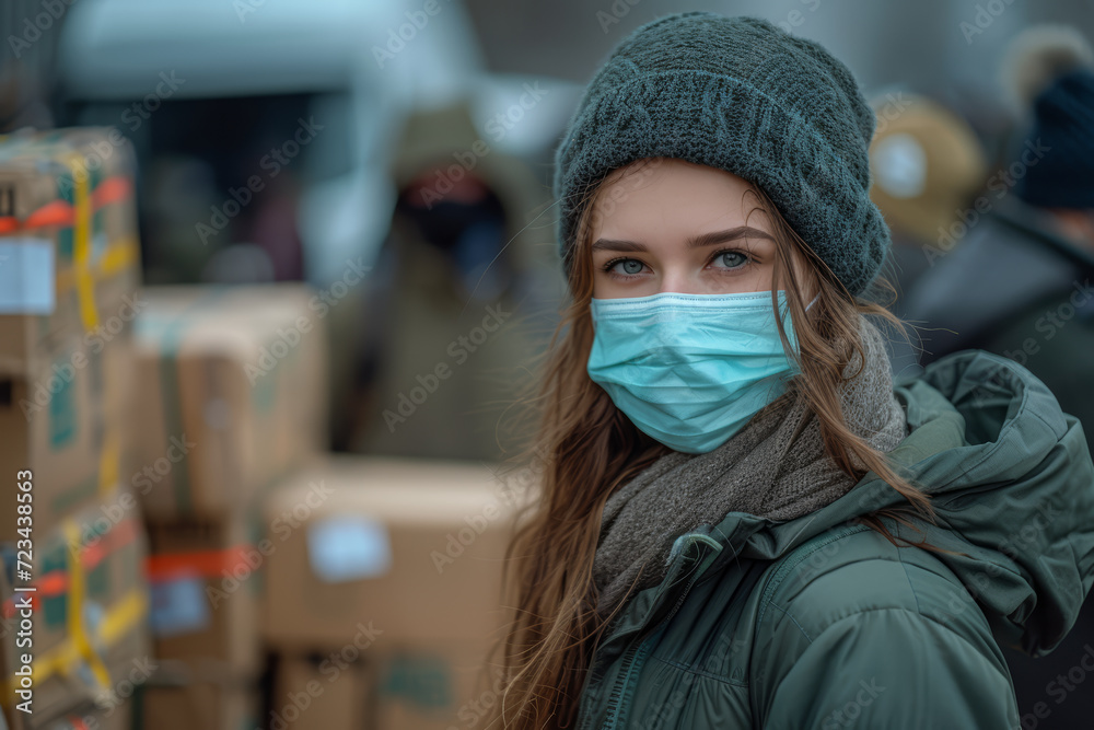 A group of masked volunteers distributing supplies to those in need, capturing community solidarity. Concept of community support and togetherness. Generative Ai. A group of masked volunteers distributing supplies to those in need, capturing community solidarity. Concept of community support and togetherness. Generative Ai.