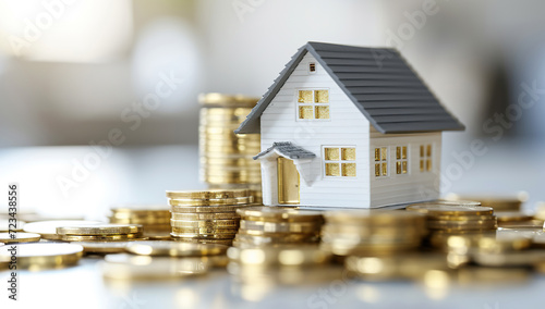 House mortgage, with golden stacks of coins 
