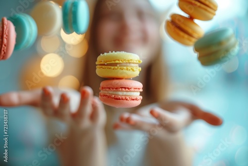 A girl balancing colorful macarons on her fingers, her face blurred with delight.