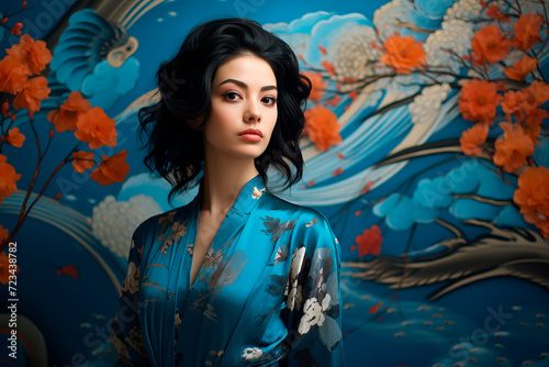 Portrait of a traditional Japanese woman, dressed in kimono, with a traditional Japanese style painting in the background. Generative AI