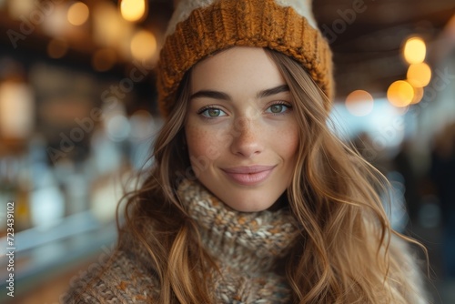 A fashionable girl with a warm smile wears a stylish hat and scarf, adding a touch of street fashion to her long brown hair in this portrait photograph