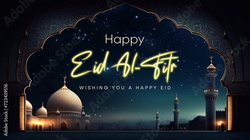 Eid Al Fitr Poster Template with Mosque and Beautiful Night Sky Scenery.  Eid Mubarak photo