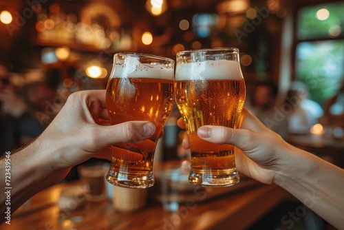 Two hands raise a frothy pint of wheat beer  clinking glasses in celebration at the bar while surrounded by various drinkware and tableware