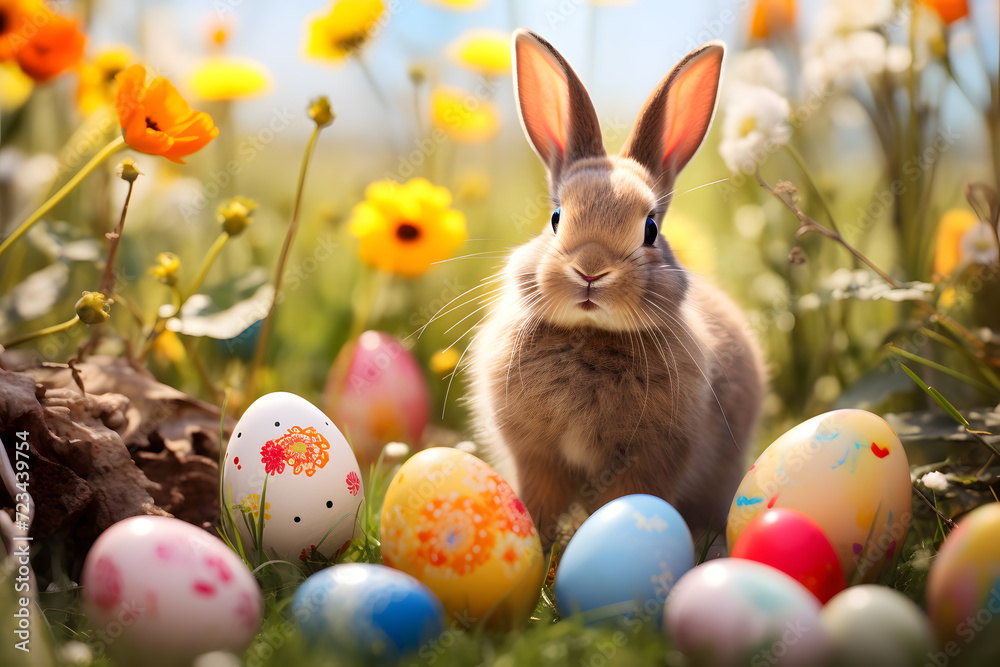 Easter bunny sitting in a wildflower meadow with colorful Easter eggs Easter bunny sitting in a wildflower meadow with colorful Easter eggs