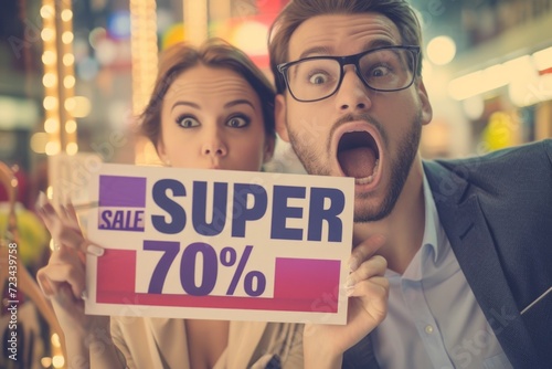 Thrilling shopping find: woman delights in "SUPER SALE 70 " sign, man in suit looks astonished