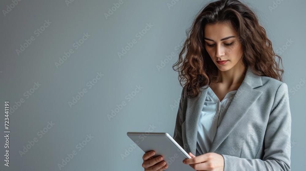 A businesswoman in a blazer using a tablet. Generative AI. A businesswoman in a blazer using a tablet. Generative AI.
