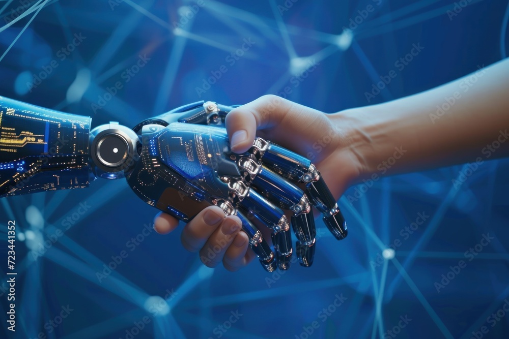 Fototapeta premium A handshake between a robot hand and a human hand, Technologies AI concept. Generative AI.