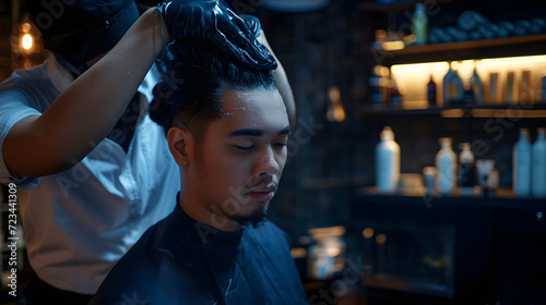 Professional stylist worker is washing customer hair with at professional sink in barber shop. Hair care concept