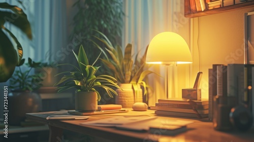 A cozy study room with a dedicated study desk, set against the backdrop of a perfect lofi music atmosphere. The lighting is warm and mellow,