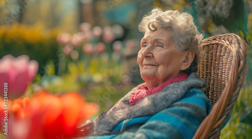 Happy elderly lady in her garden with copy space
