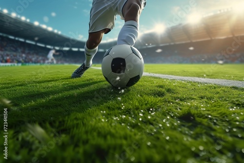 Close Up Football or Soccer Player Foot Playing With the Ball in Stadium. Generative AI.
