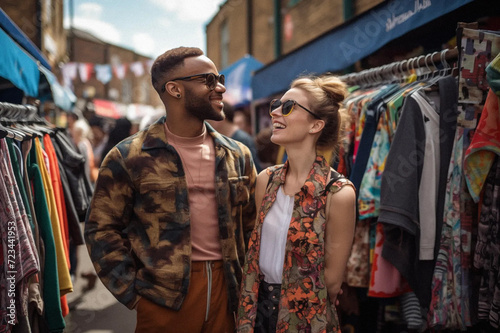 Two mix race couple browsing vintage clothes at the stalls, enjoying London Brick Lane street market. 3d render ai. photo