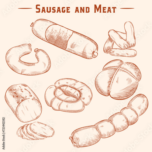 Sketches of pork sausage, veal and lamb. Bacon, ham sausage, sausages - engraved vector set. Processed meat products