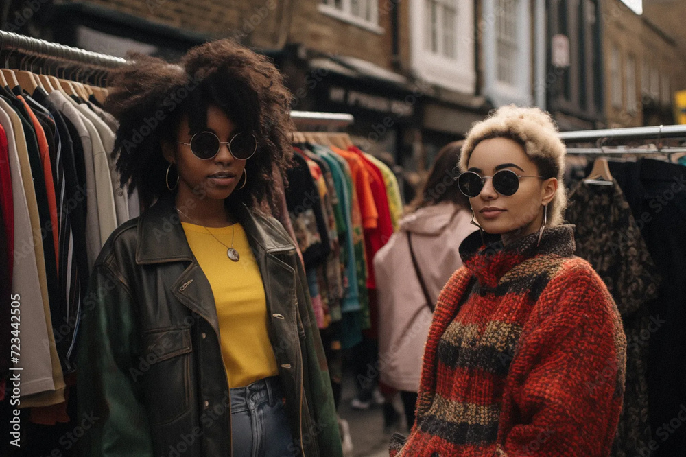 Two girls browsing vintage clothes at the stalls, enjoying London Brick Lane street market. Ai 3d render.