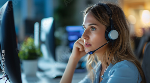 Pensive female helpdesk service agent working on computer at call center photo